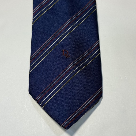 VTG Christian Dior Mens Repp Tie Silk Blend Navy Multicolor Stripes Red Logo - Picture 1 of 4